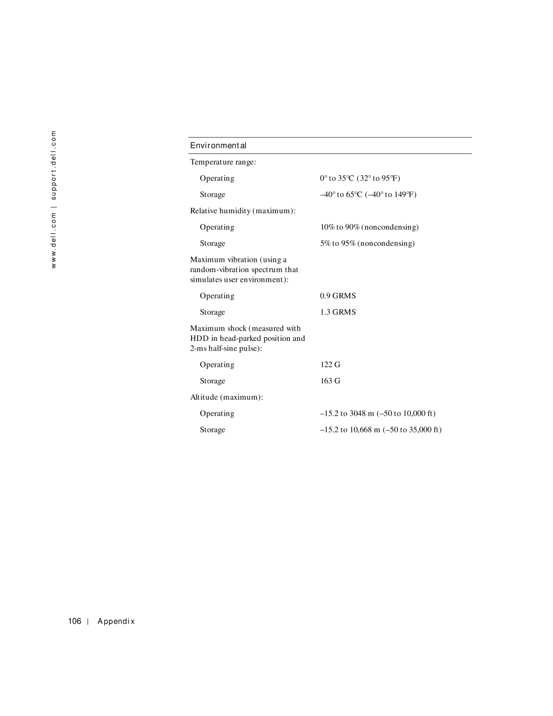 Dell 4150 owner manual Environmental, 106 