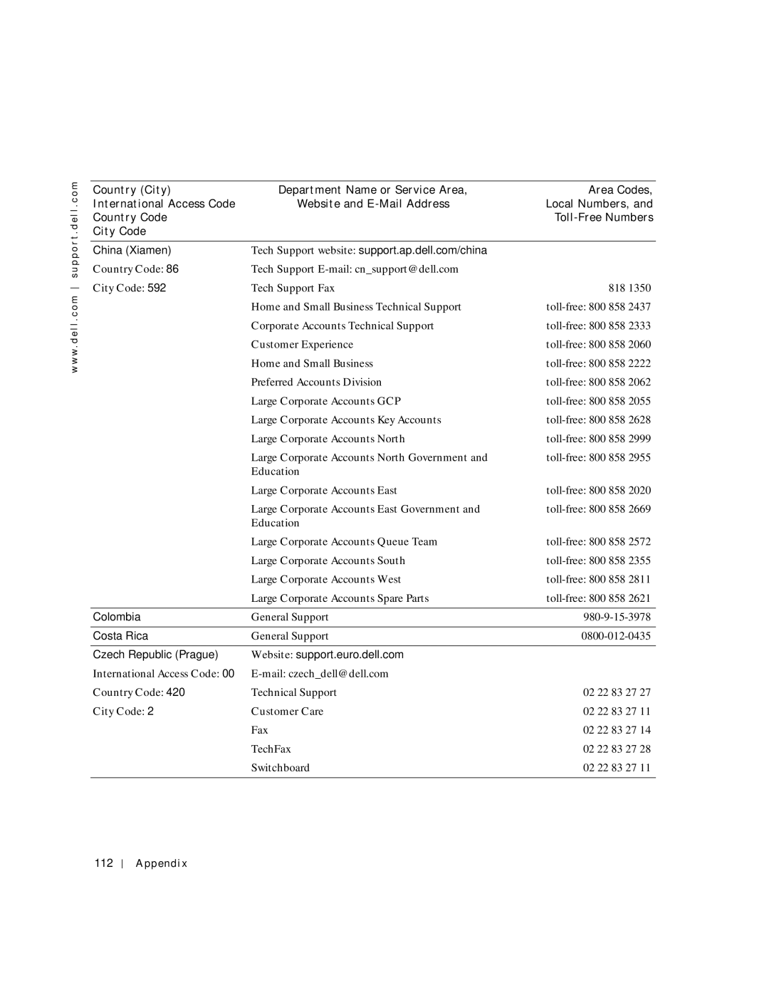 Dell 4150 owner manual China Xiamen, Colombia, Costa Rica, Czech Republic Prague Website support.euro.dell.com, 112 