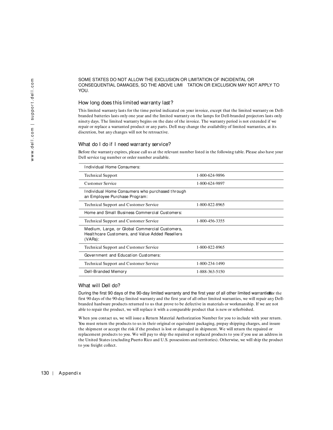 Dell 4150 owner manual How long does this limited warranty last?, 130 