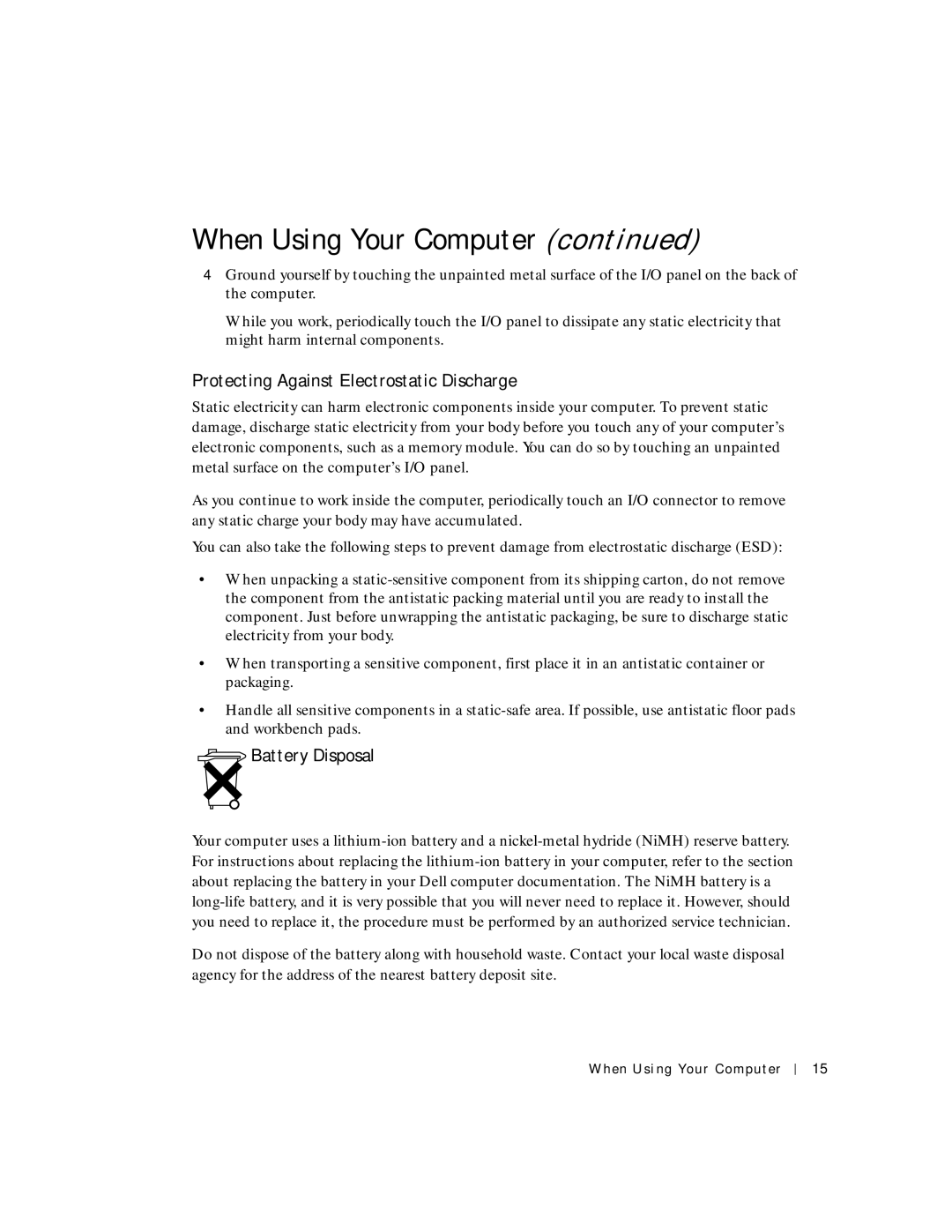 Dell 4150 owner manual Protecting Against Electrostatic Discharge, Battery Disposal 