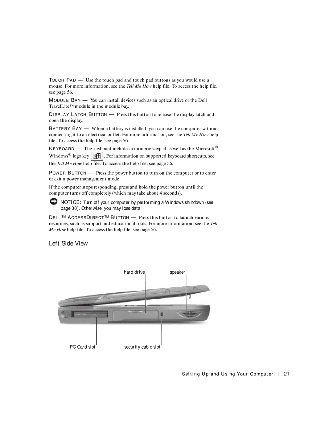 Dell 4150 owner manual Left Side View, Hard drive, PC Card slot 