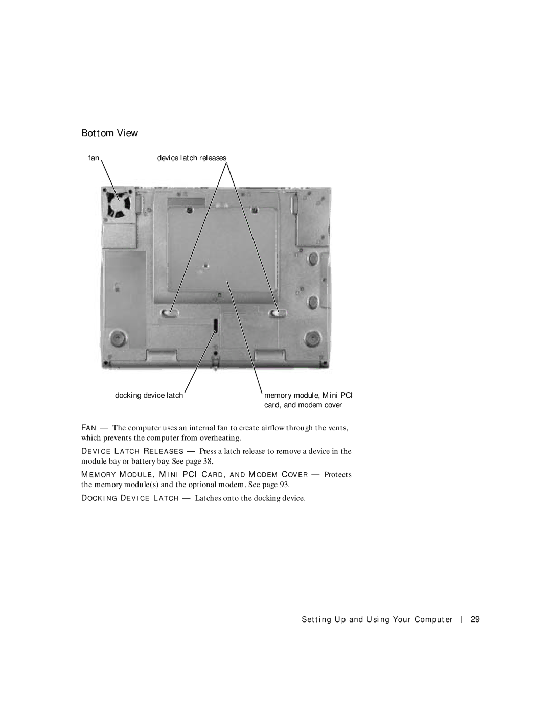 Dell 4150 owner manual Bottom View, Fan, Docking device latch 