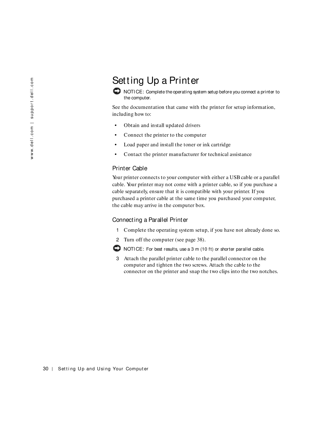 Dell 4150 owner manual Setting Up a Printer, Printer Cable, Connecting a Parallel Printer 