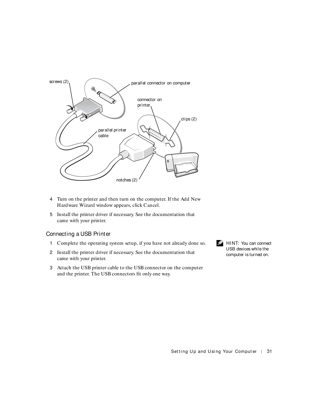 Dell 4150 owner manual Connecting a USB Printer 