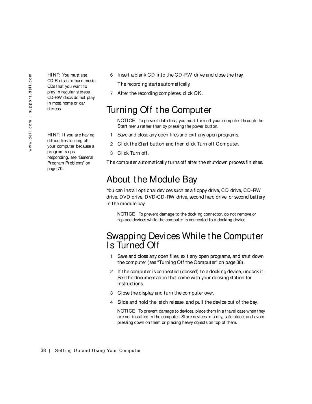 Dell 4150 owner manual Turning Off the Computer, About the Module Bay, Swapping Devices While the Computer Is Turned Off 