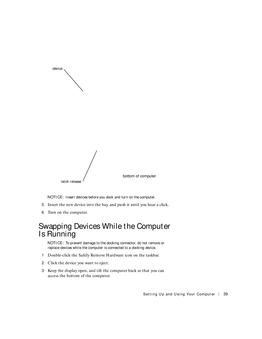 Dell 4150 owner manual Swapping Devices While the Computer Is Running, Bottom of computer 