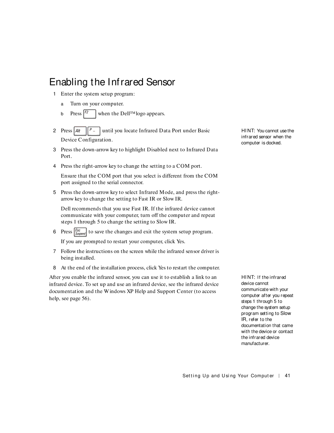 Dell 4150 owner manual Enabling the Infrared Sensor 