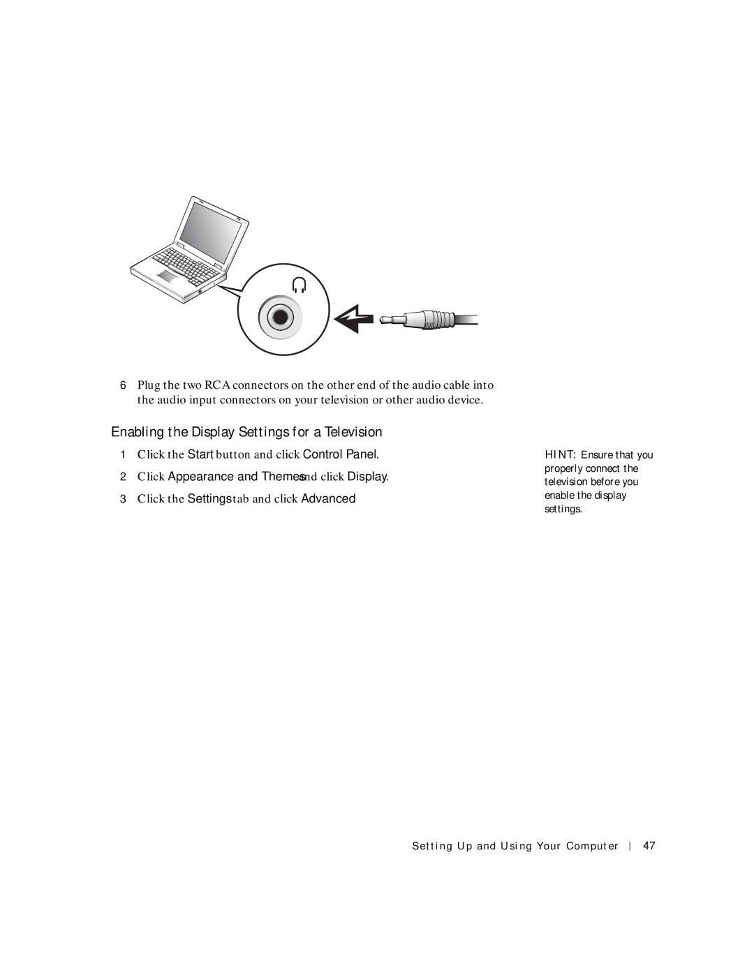 Dell 4150 owner manual Enabling the Display Settings for a Television, Click Appearance and Themes and click Display 