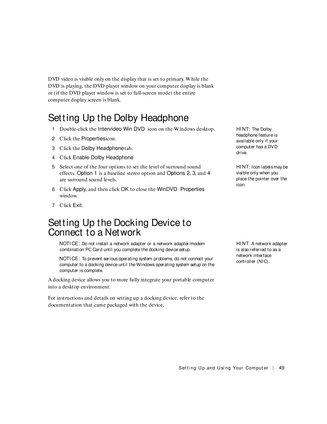 Dell 4150 owner manual Setting Up the Dolby Headphone, Setting Up the Docking Device to Connect to a Network 