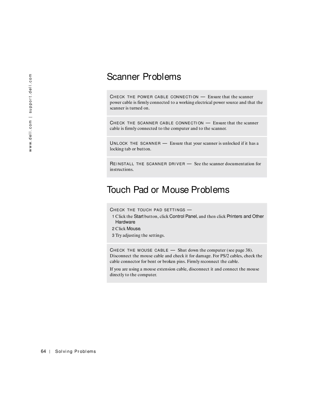 Dell 4150 owner manual Scanner Problems, Touch Pad or Mouse Problems 