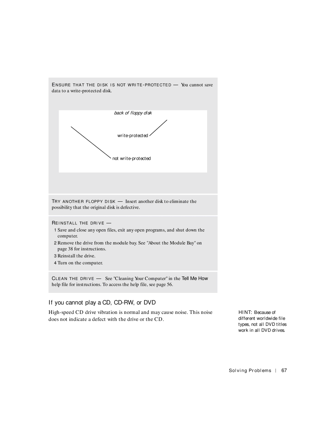 Dell 4150 owner manual If you cannot play a CD, CD-RW, or DVD, Write-protected Not write-protected 