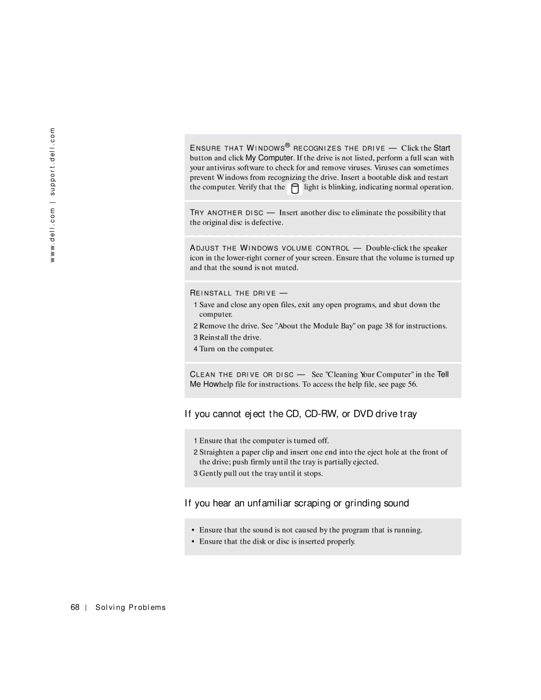 Dell 4150 If you cannot eject the CD, CD-RW, or DVD drive tray, If you hear an unfamiliar scraping or grinding sound 