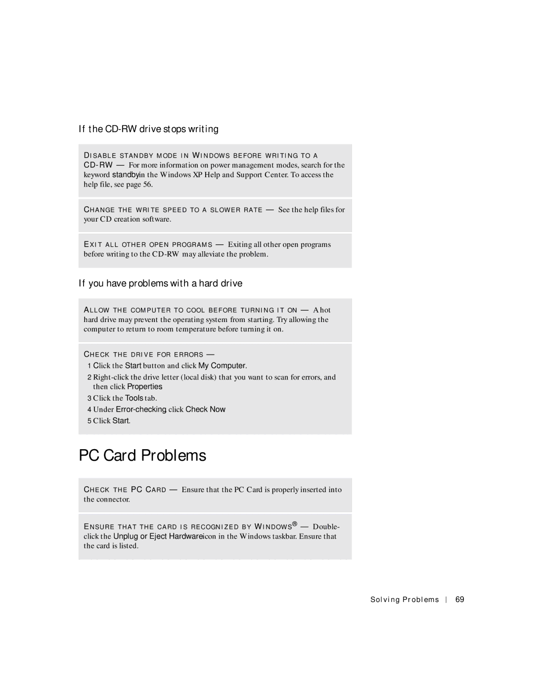 Dell 4150 owner manual PC Card Problems, If the CD-RW drive stops writing, If you have problems with a hard drive 