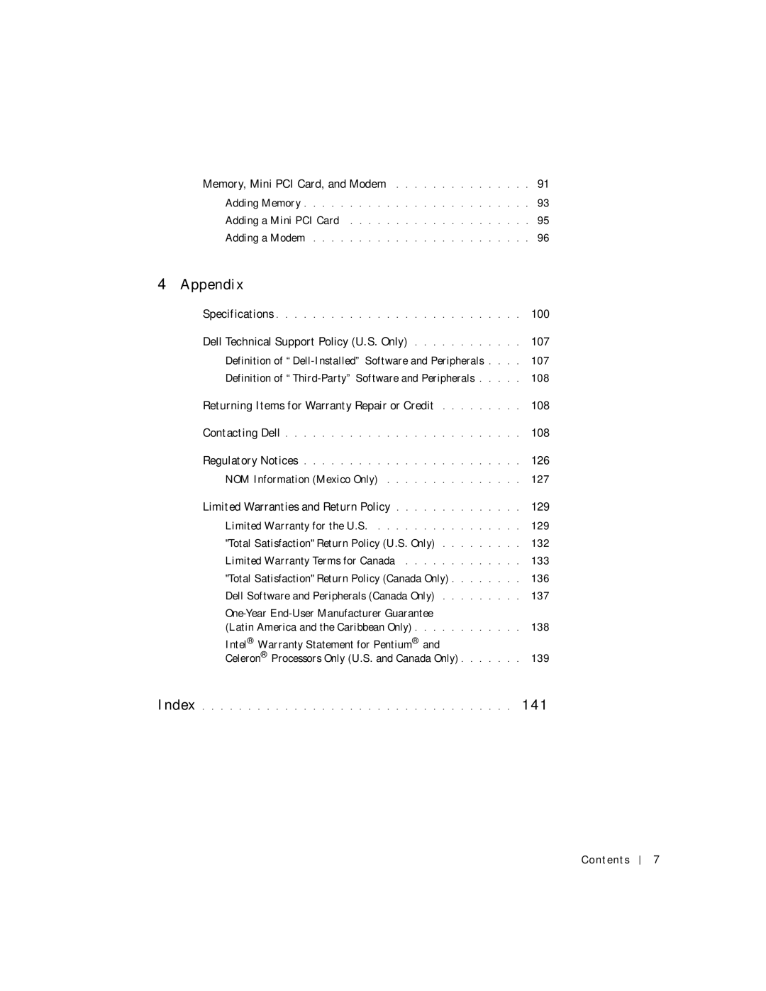 Dell 4150 owner manual Memory, Mini PCI Card, and Modem, 100, Dell Technical Support Policy U.S. Only 107, 126 