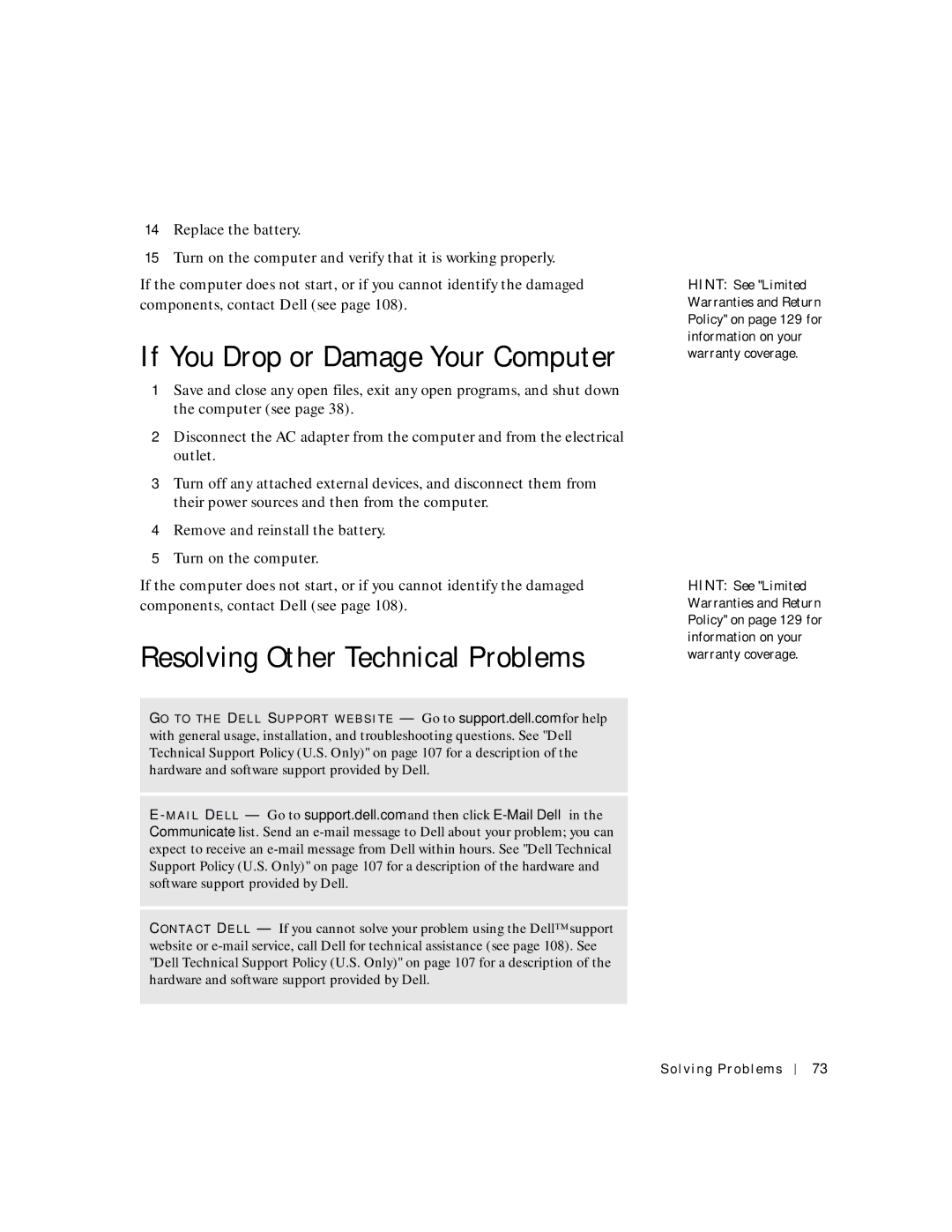 Dell 4150 owner manual If You Drop or Damage Your Computer, Resolving Other Technical Problems 