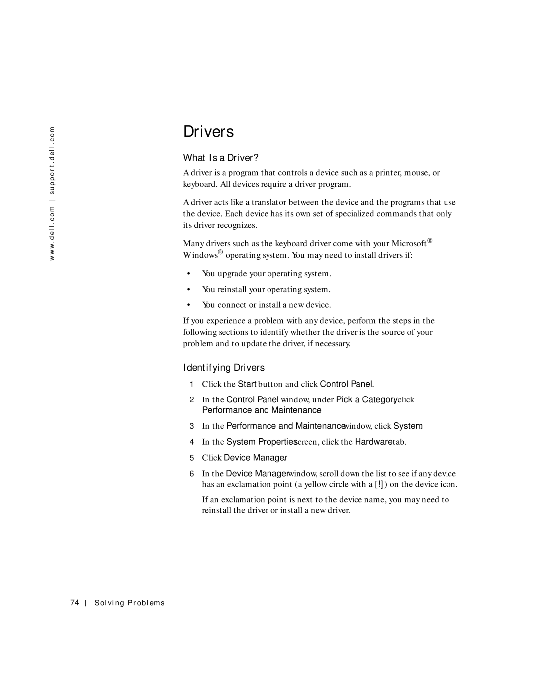 Dell 4150 owner manual What Is a Driver?, Identifying Drivers, Performance and Maintenance window, click System 