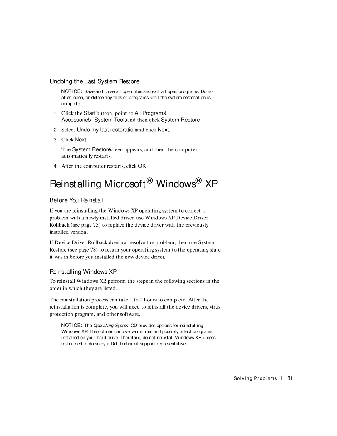 Dell 4150 owner manual Reinstalling Microsoft Windows XP, Undoing the Last System Restore, Before You Reinstall 