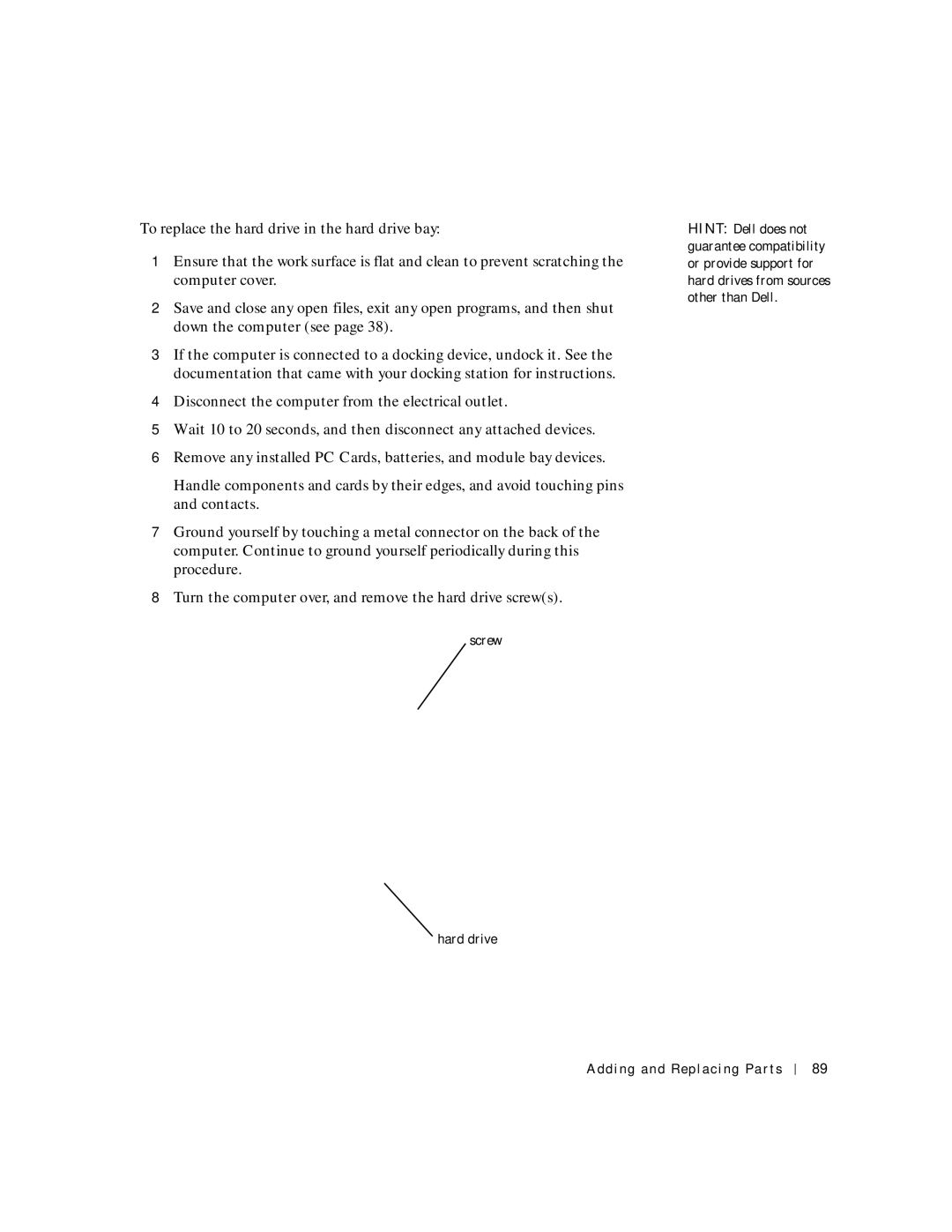 Dell 4150 owner manual Screw Hard drive 