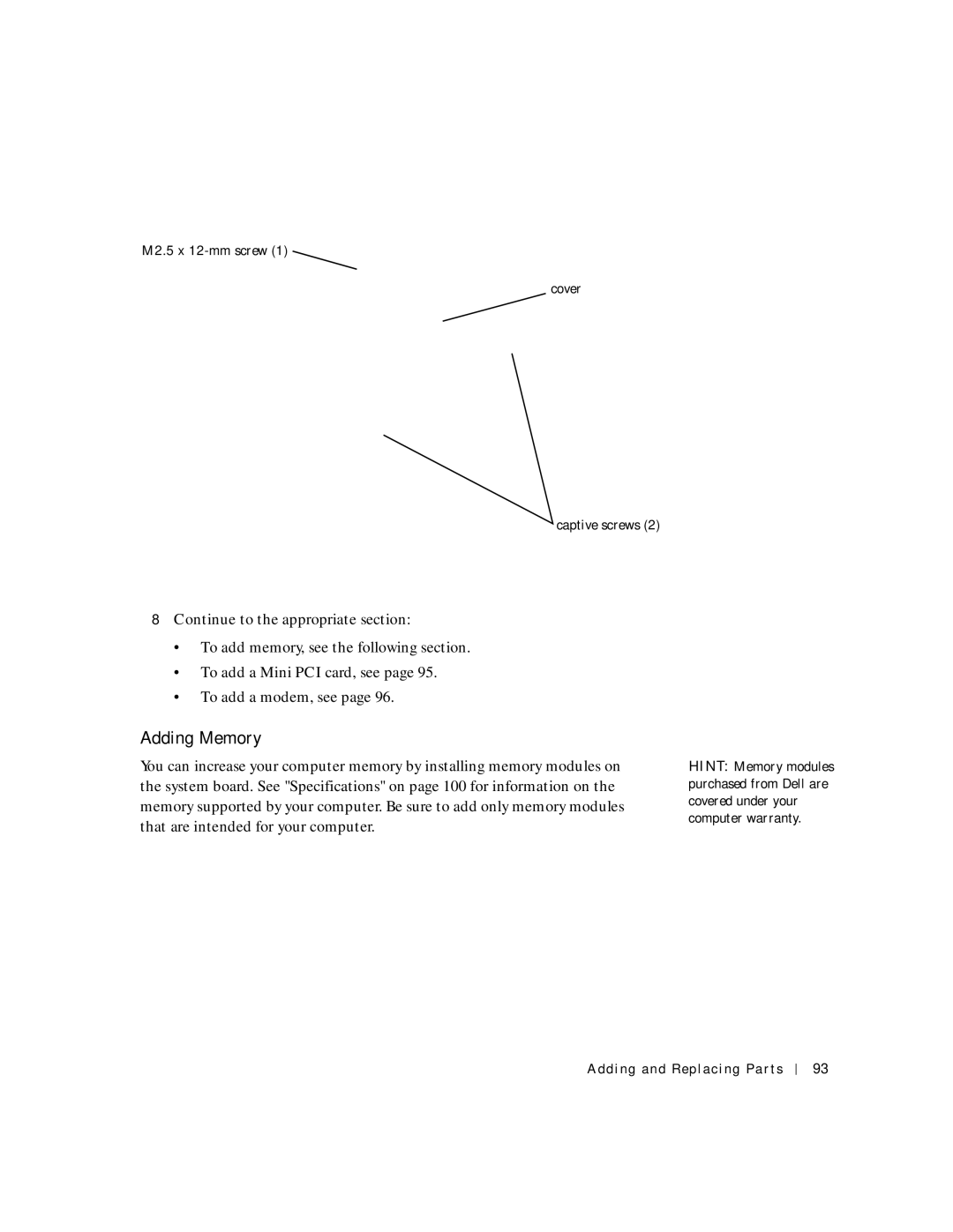 Dell 4150 owner manual Adding Memory, Cover 