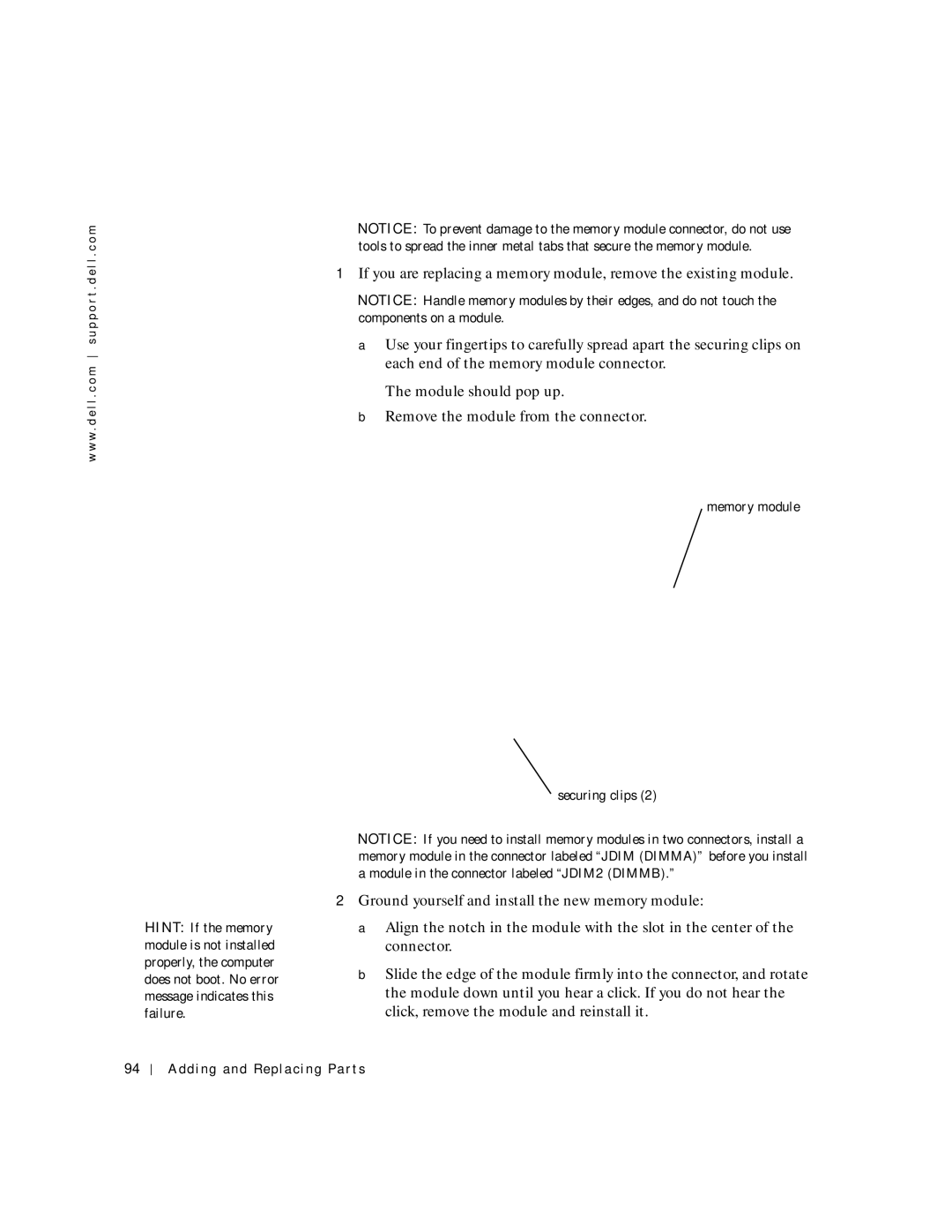 Dell 4150 owner manual Memory module Securing clips 