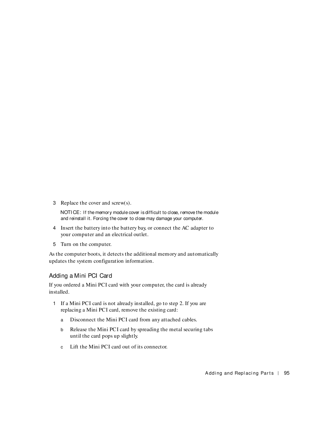 Dell 4150 owner manual Adding a Mini PCI Card 