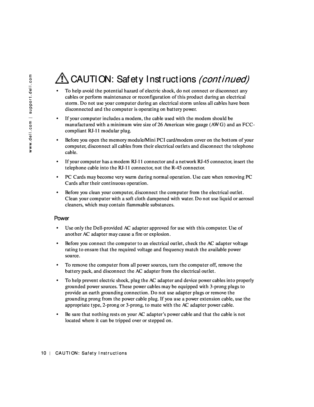 Dell 4150 owner manual CAUTION Safety Instructions continued, Power 