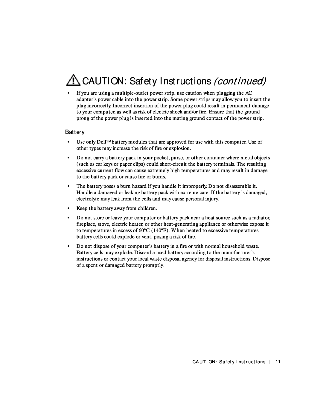 Dell 4150 owner manual Battery, CAUTION Safety Instructions continued 