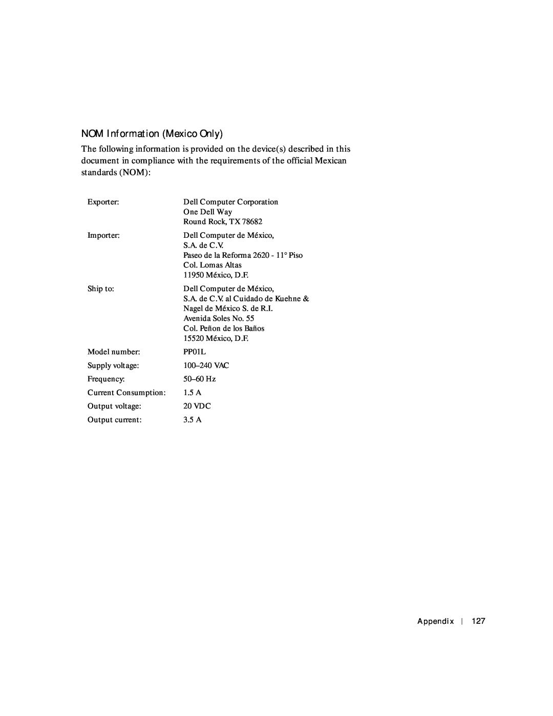 Dell 4150 owner manual NOM Information Mexico Only 