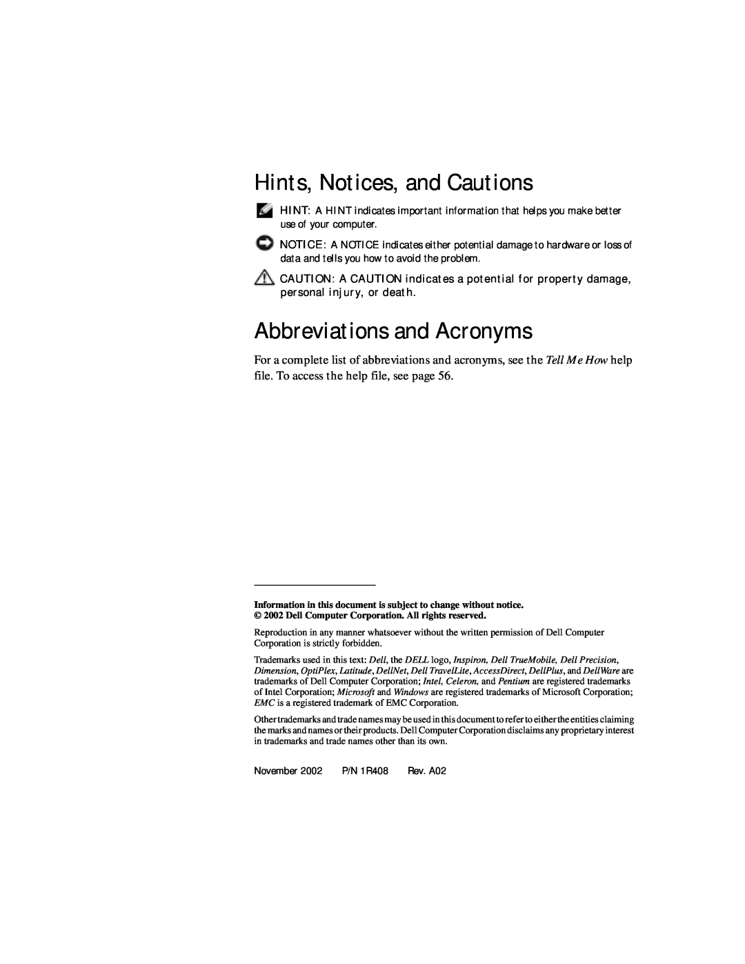 Dell 4150 owner manual Hints, Notices, and Cautions, Abbreviations and Acronyms, November, P/N 1R408 