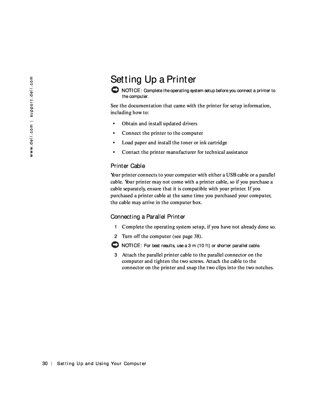 Dell 4150 owner manual Setting Up a Printer, Printer Cable, Connecting a Parallel Printer 