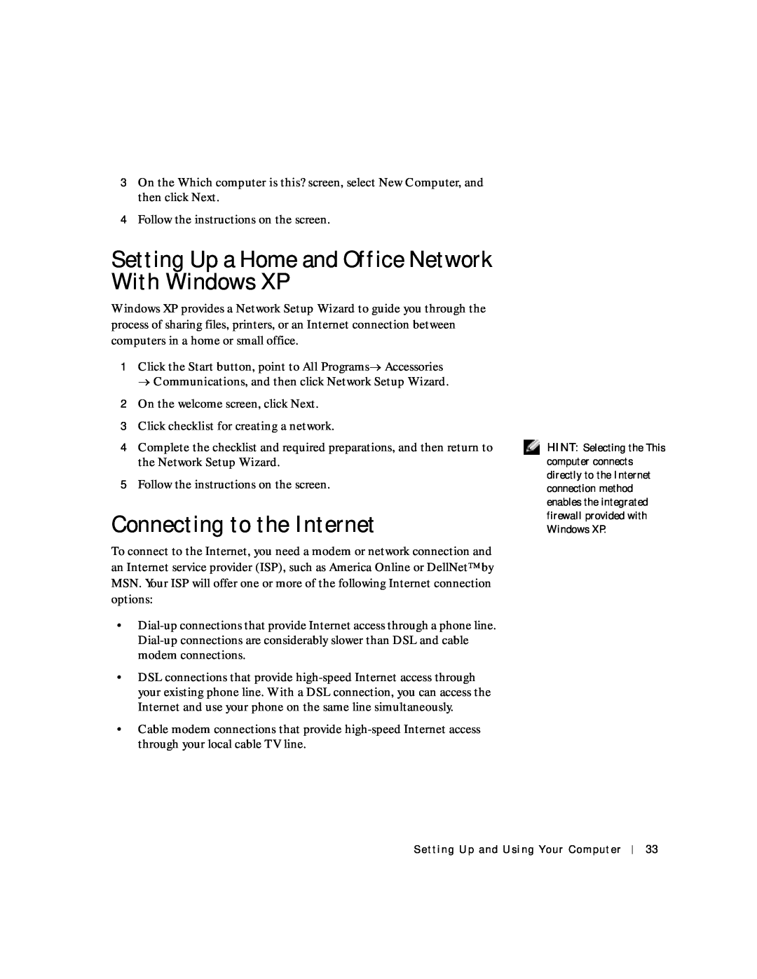 Dell 4150 owner manual Setting Up a Home and Office Network With Windows XP, Connecting to the Internet 