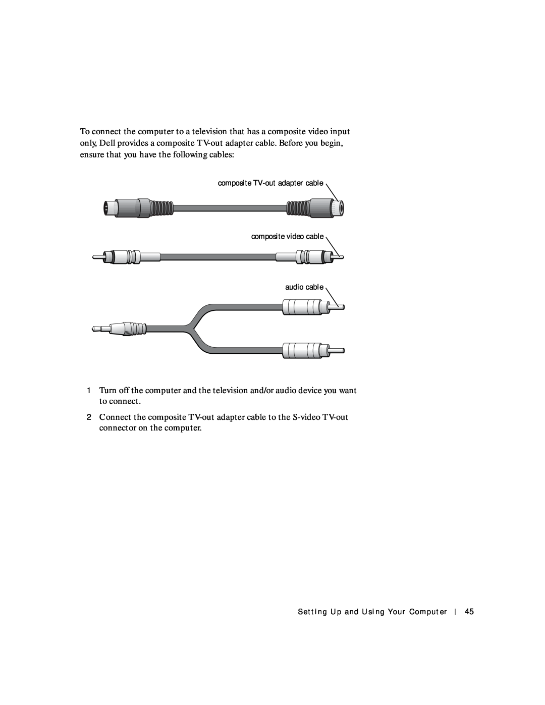Dell 4150 owner manual composite TV-out adapter cable composite video cable audio cable, Setting Up and Using Your Computer 
