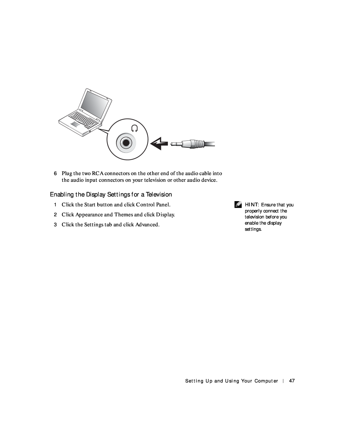 Dell 4150 owner manual Enabling the Display Settings for a Television, Click Appearance and Themes and click Display 