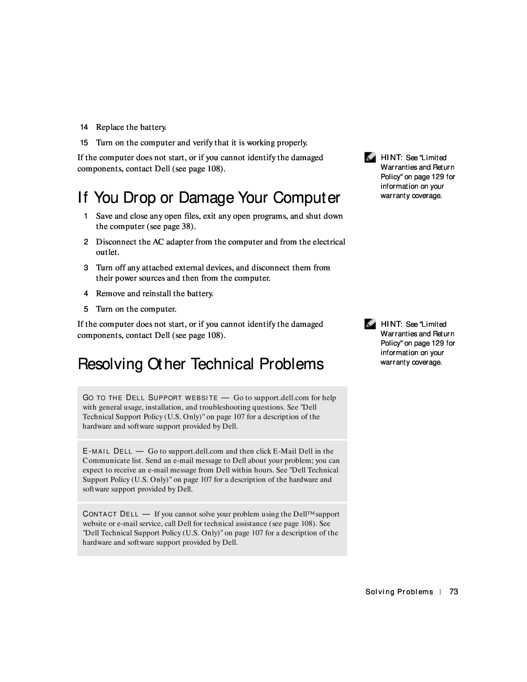 Dell 4150 owner manual If You Drop or Damage Your Computer, Resolving Other Technical Problems 