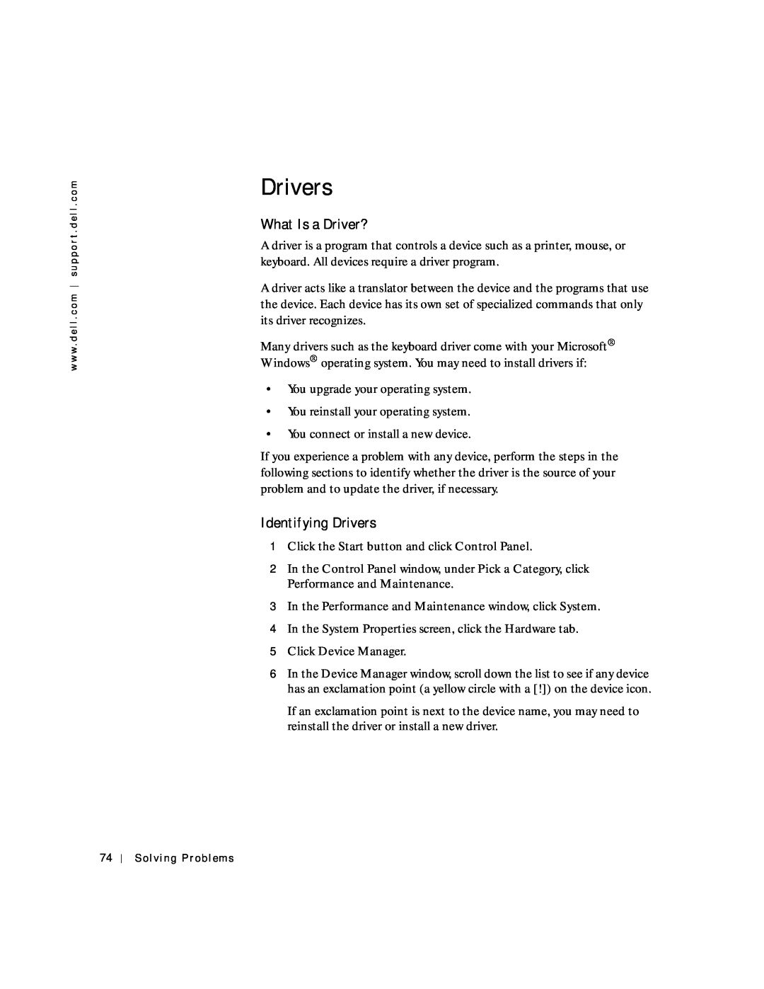 Dell 4150 owner manual What Is a Driver?, Identifying Drivers, In the Performance and Maintenance window, click System 