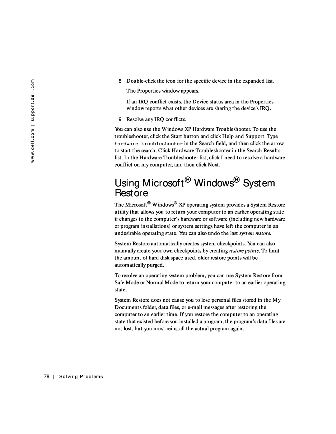Dell 4150 owner manual Using Microsoft Windows System Restore 