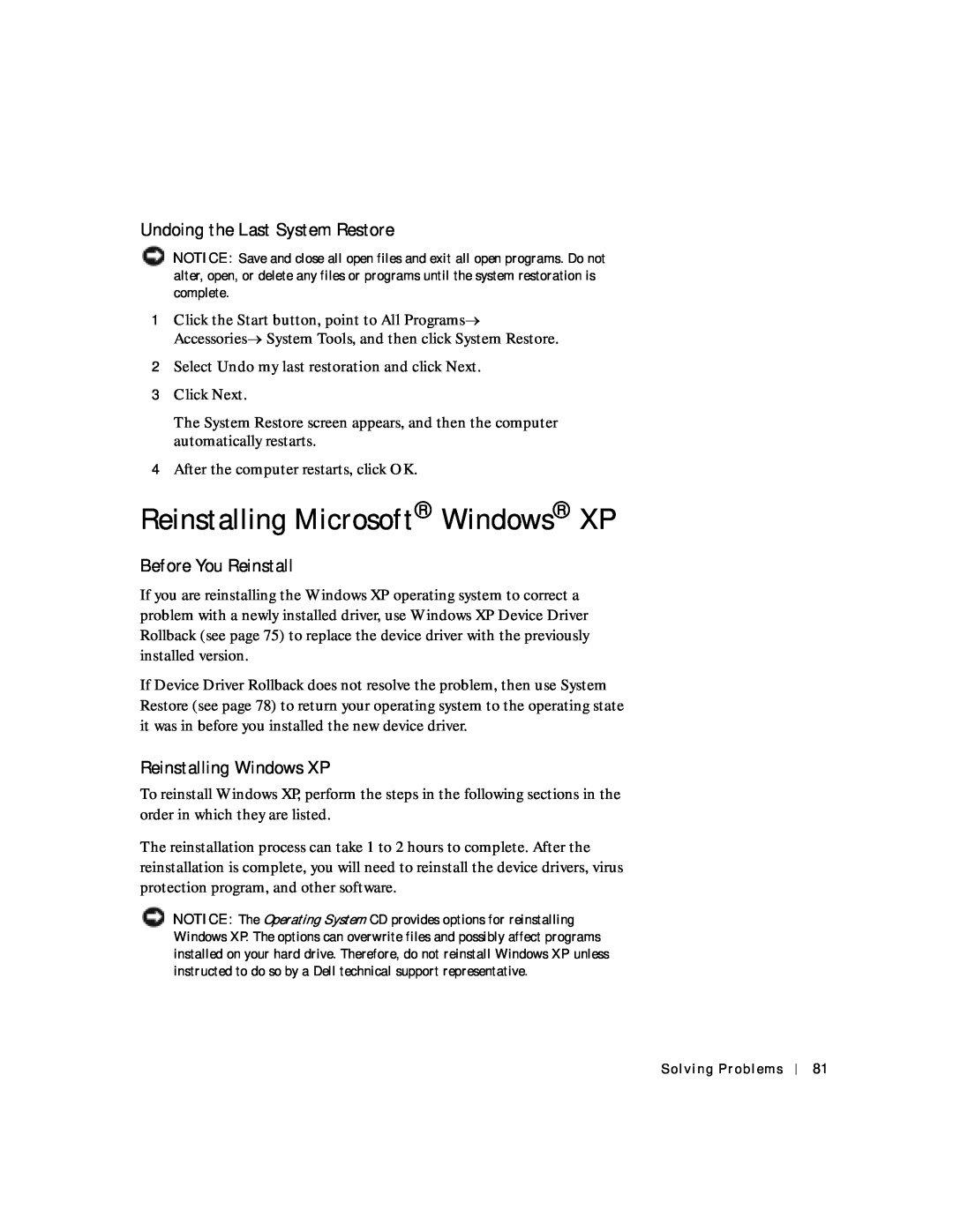 Dell 4150 owner manual Reinstalling Microsoft Windows XP, Undoing the Last System Restore, Before You Reinstall 