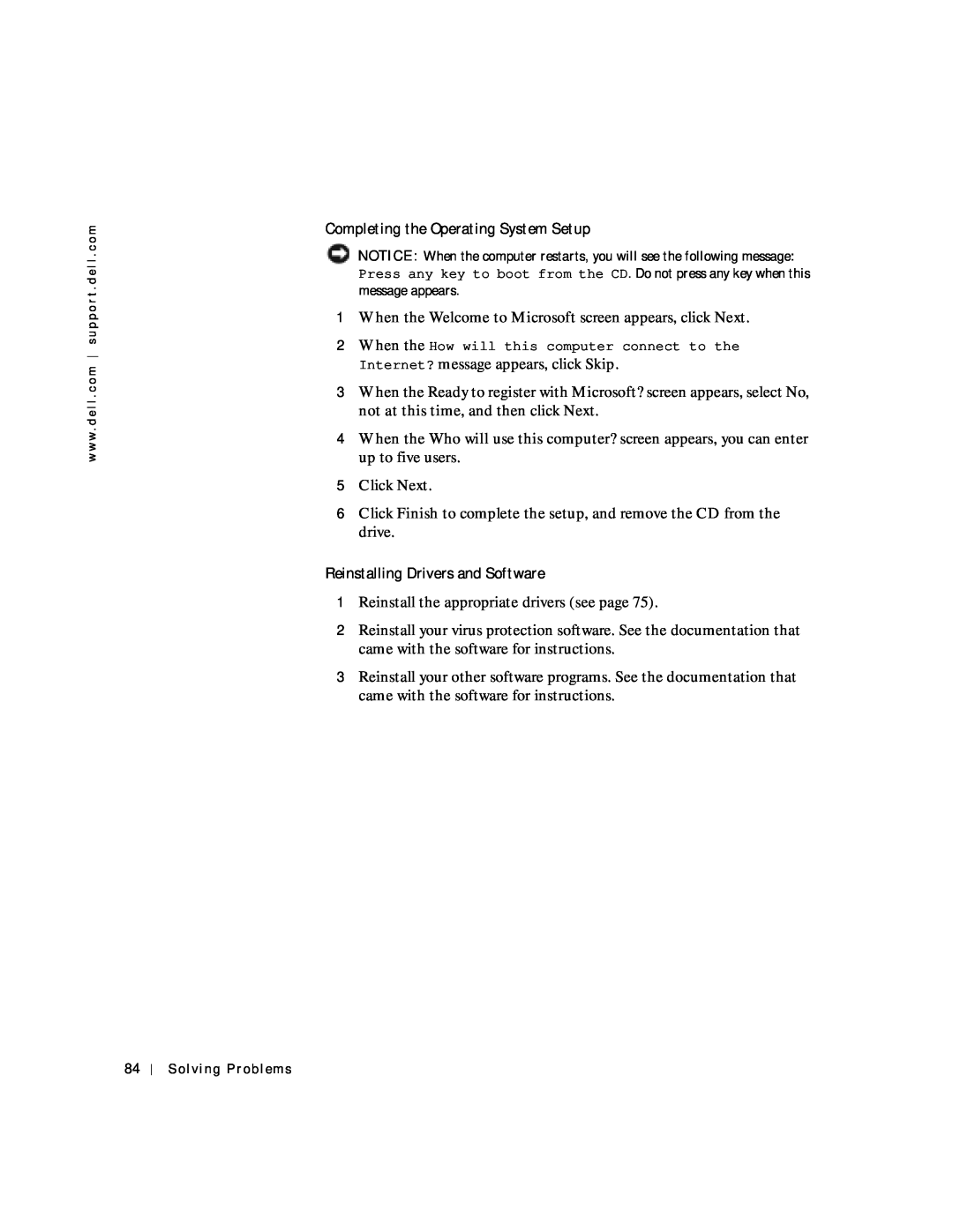 Dell 4150 owner manual Completing the Operating System Setup, Reinstalling Drivers and Software 