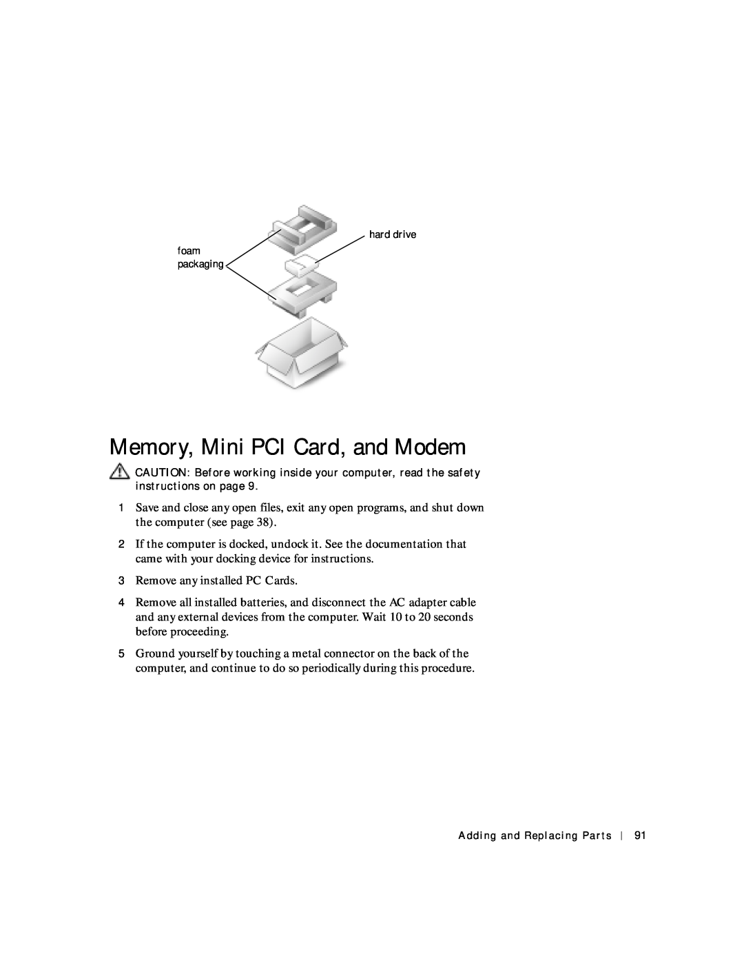 Dell 4150 owner manual Memory, Mini PCI Card, and Modem, foam packaging 