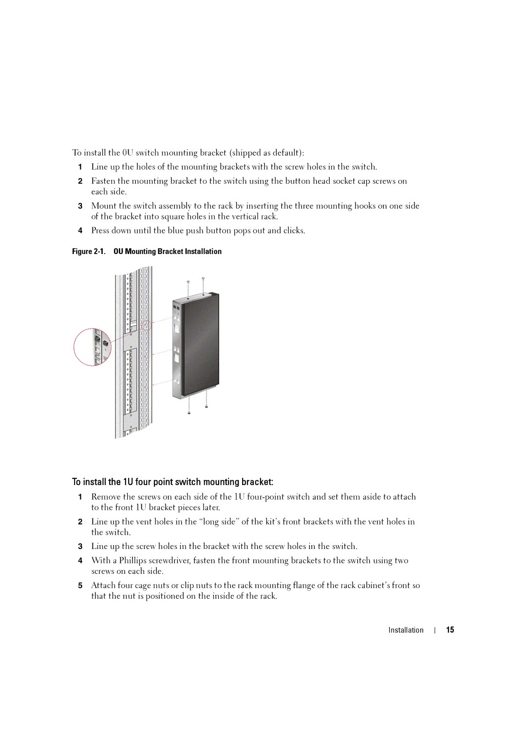 Dell 2161DS-2, 4161DS manual To install the 1U four point switch mounting bracket, OU Mounting Bracket Installation 