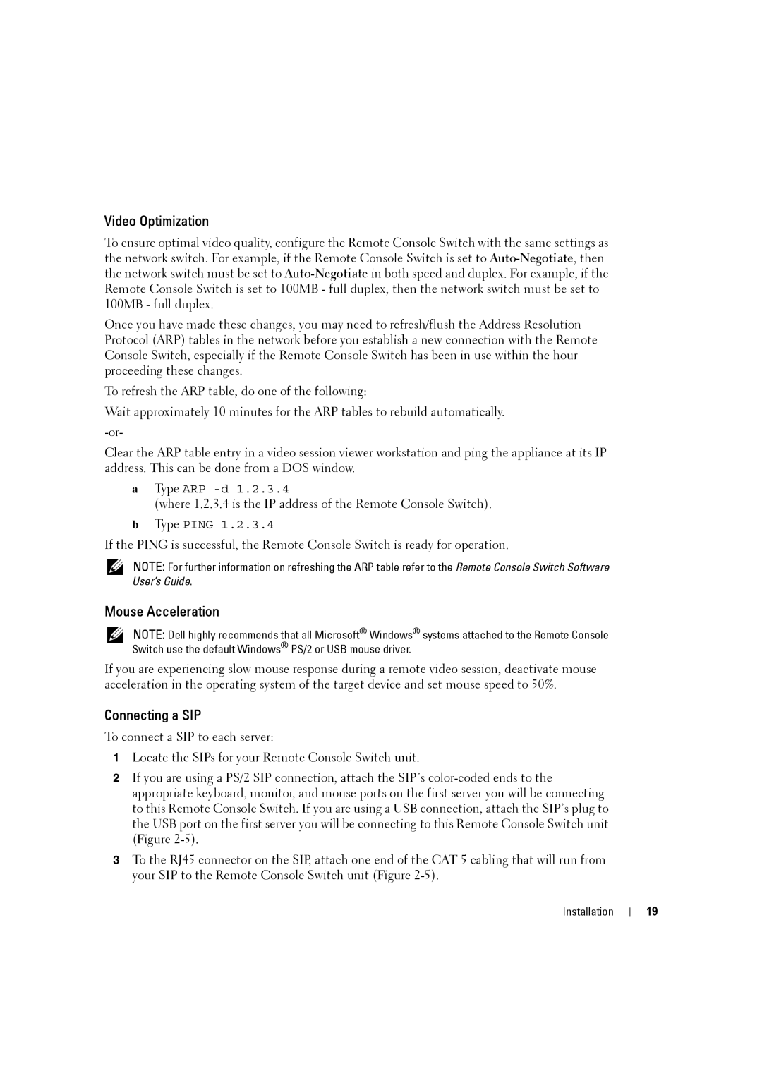 Dell 2161DS-2, 4161DS manual Video Optimization, Mouse Acceleration, Connecting a SIP 