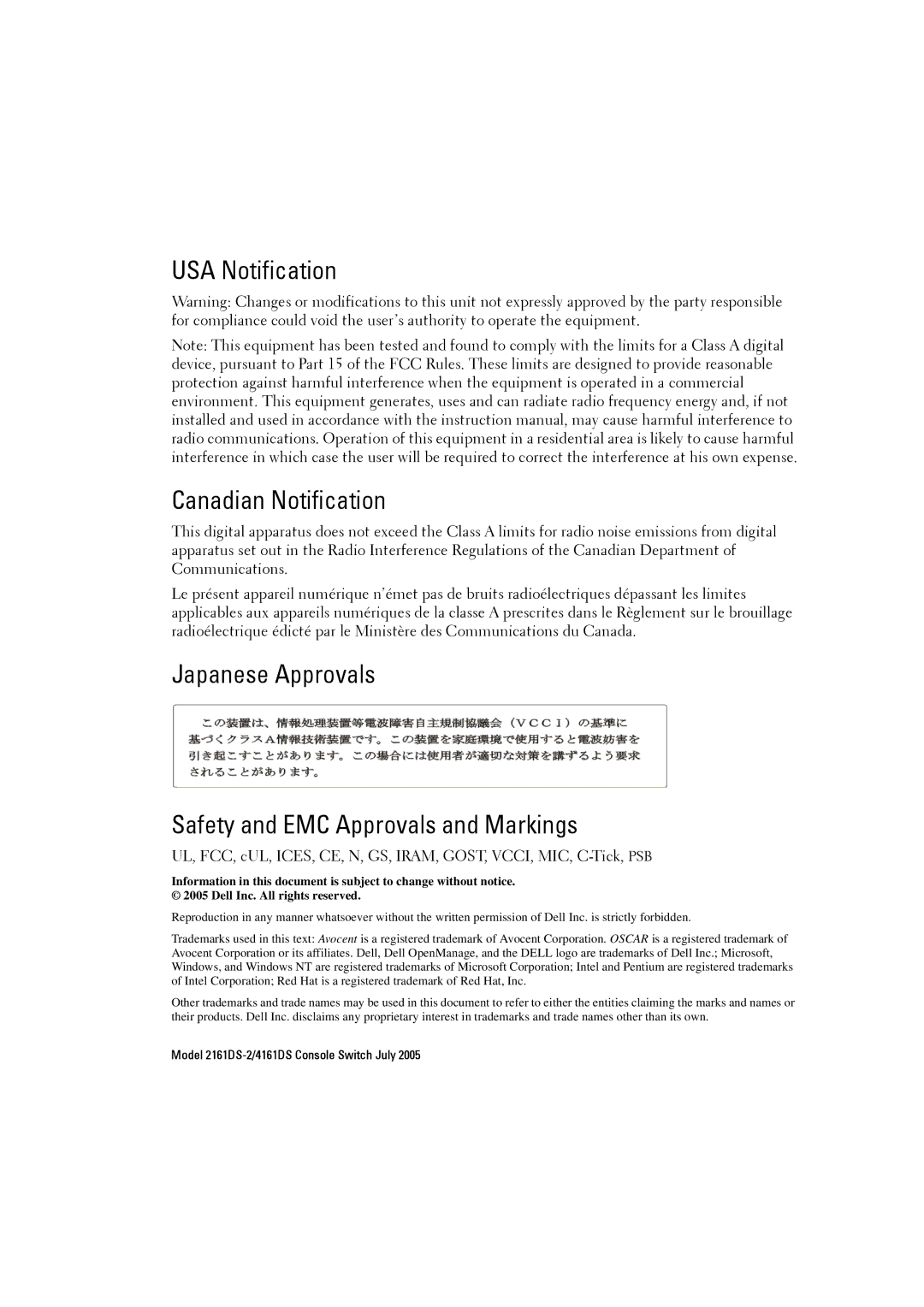 Dell 4161DS, 2161DS-2 manual USA Notification Canadian Notification 