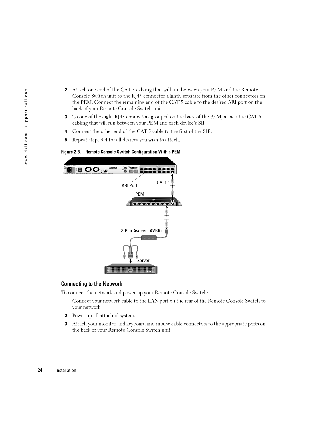 Dell 4161DS, 2161DS-2 manual Connecting to the Network, Remote Console Switch Configuration With a PEM 