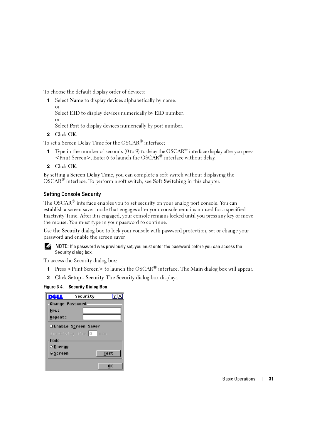 Dell 2161DS-2, 4161DS manual Setting Console Security, Security Dialog Box 