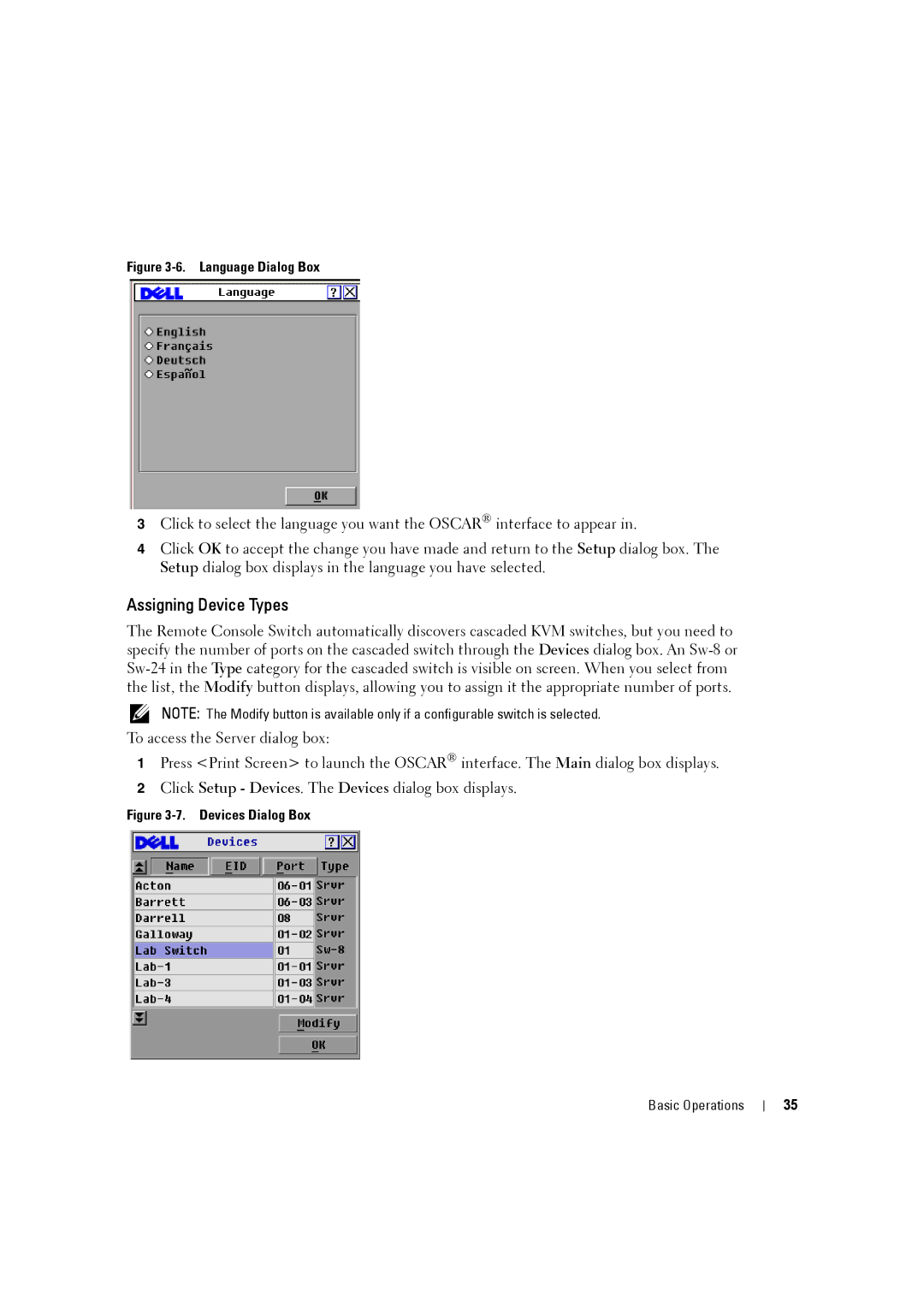 Dell 2161DS-2, 4161DS manual Assigning Device Types, Language Dialog Box 