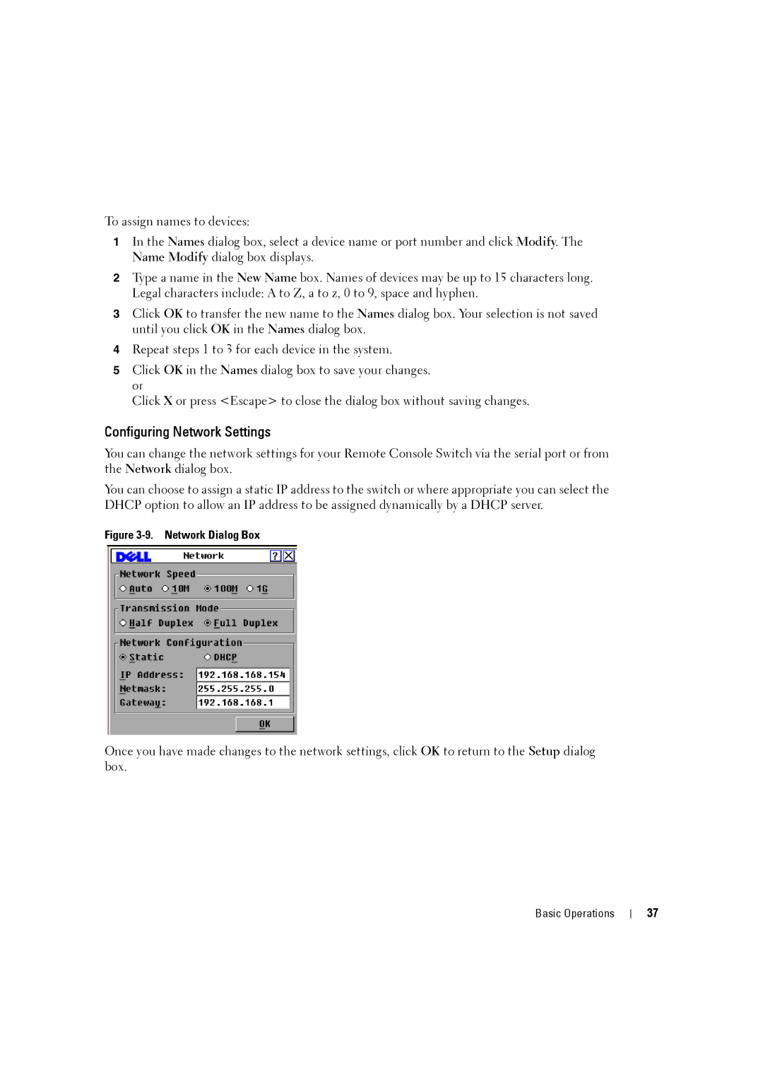 Dell 2161DS-2, 4161DS manual Configuring Network Settings, Network Dialog Box 