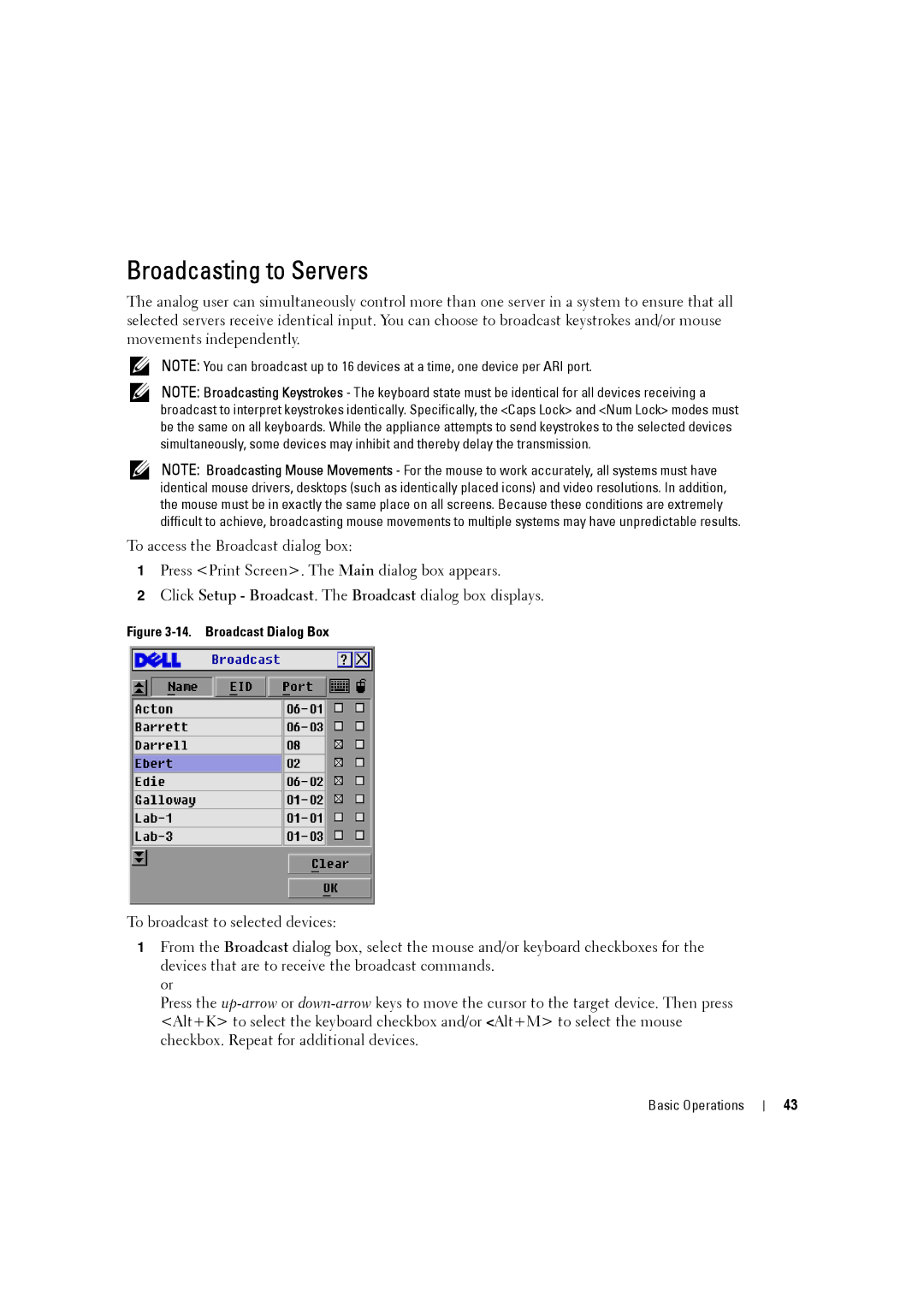 Dell 2161DS-2, 4161DS manual Broadcasting to Servers, Broadcast Dialog Box 