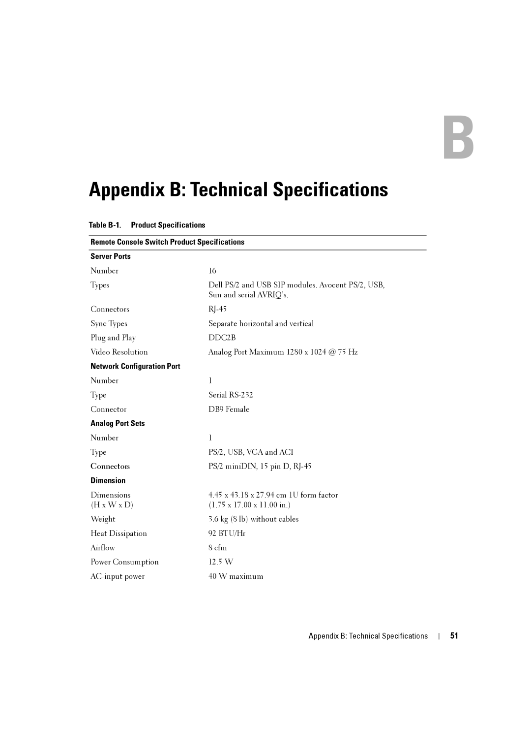 Dell 2161DS-2, 4161DS manual Appendix B Technical Specifications, Dimension 