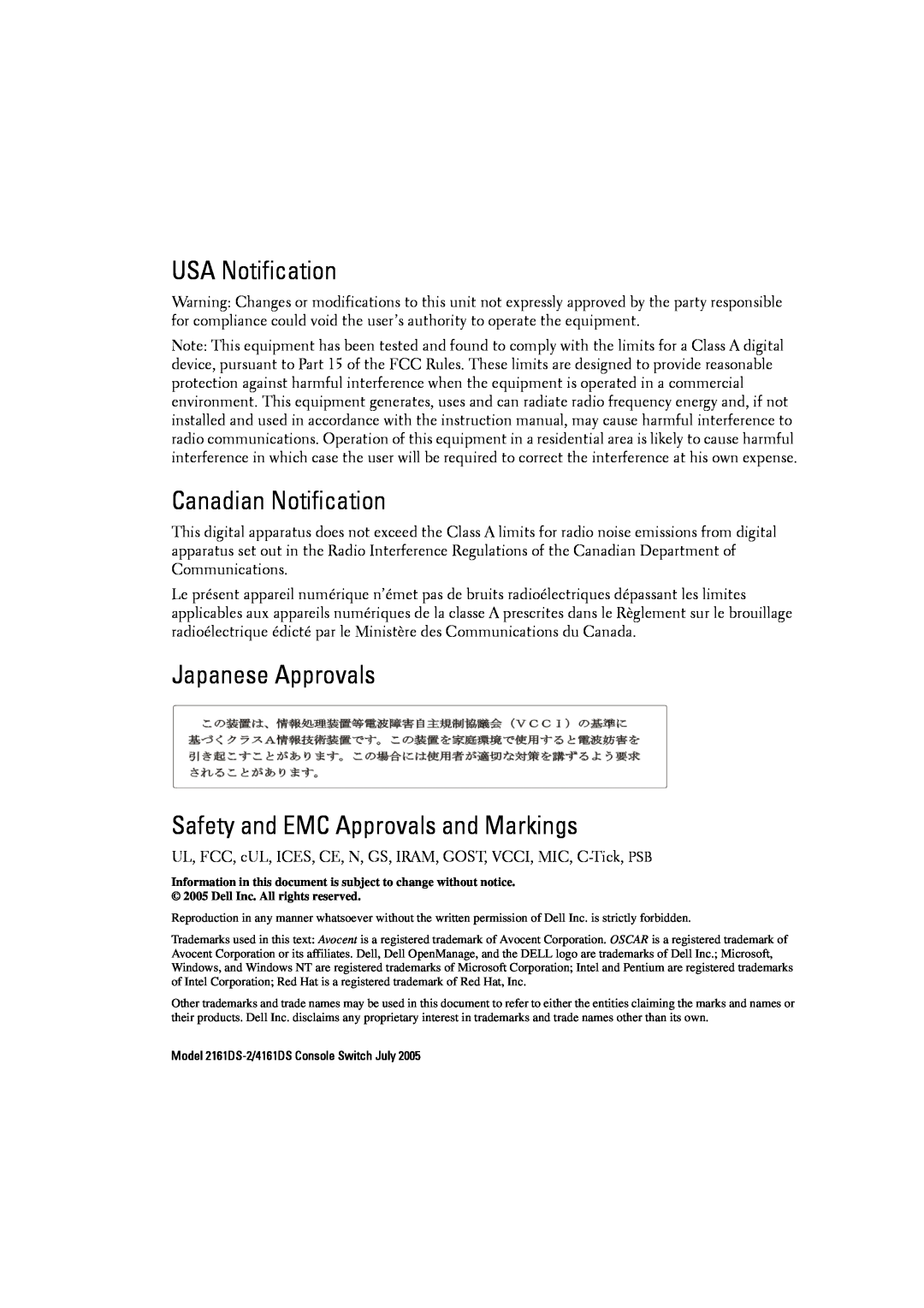 Dell 4161DS, 2161DS-2 USA Notification, Canadian Notification, Japanese Approvals Safety and EMC Approvals and Markings 