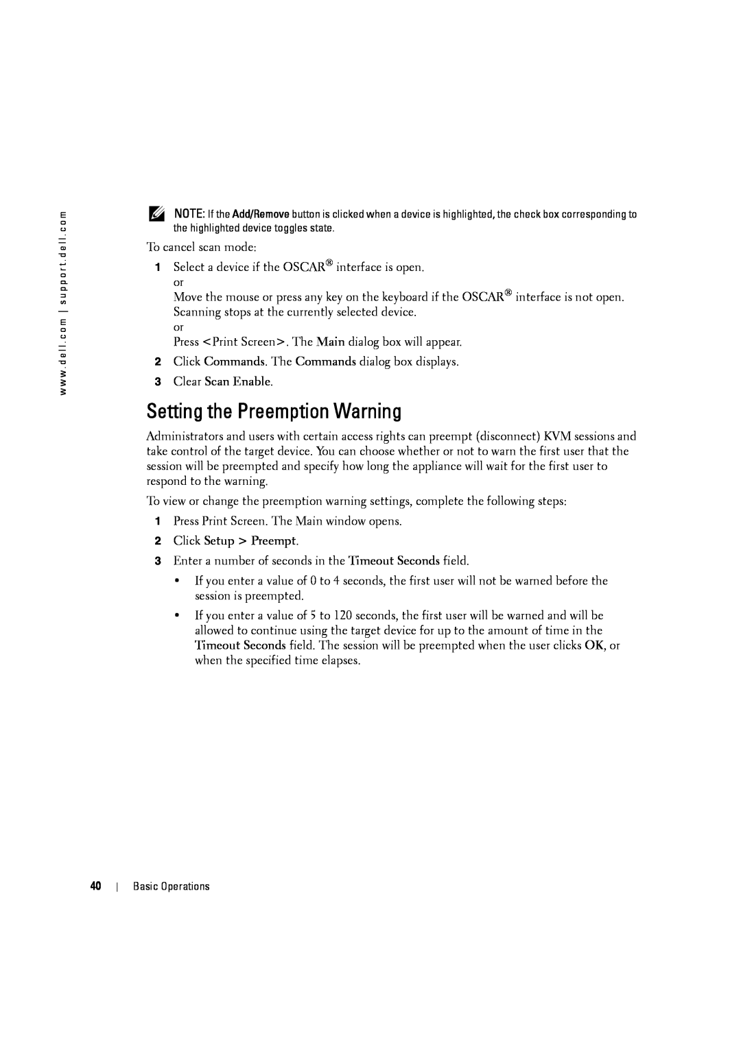 Dell 4161DS, 2161DS-2 manual Setting the Preemption Warning, Clear Scan Enable, Click Setup Preempt 